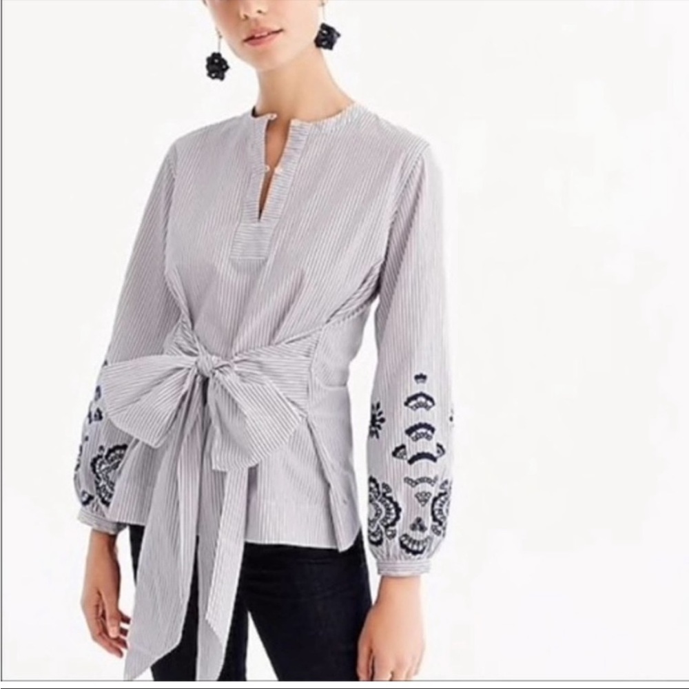 J. CREW | Embroidered Tie Front Tunic Cotton Striped Blouse